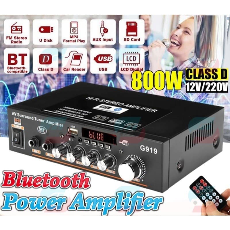 RECEIVER Amplificador Bluetooth USB SD FM MP3 800W Karaokê para Casa e Carro