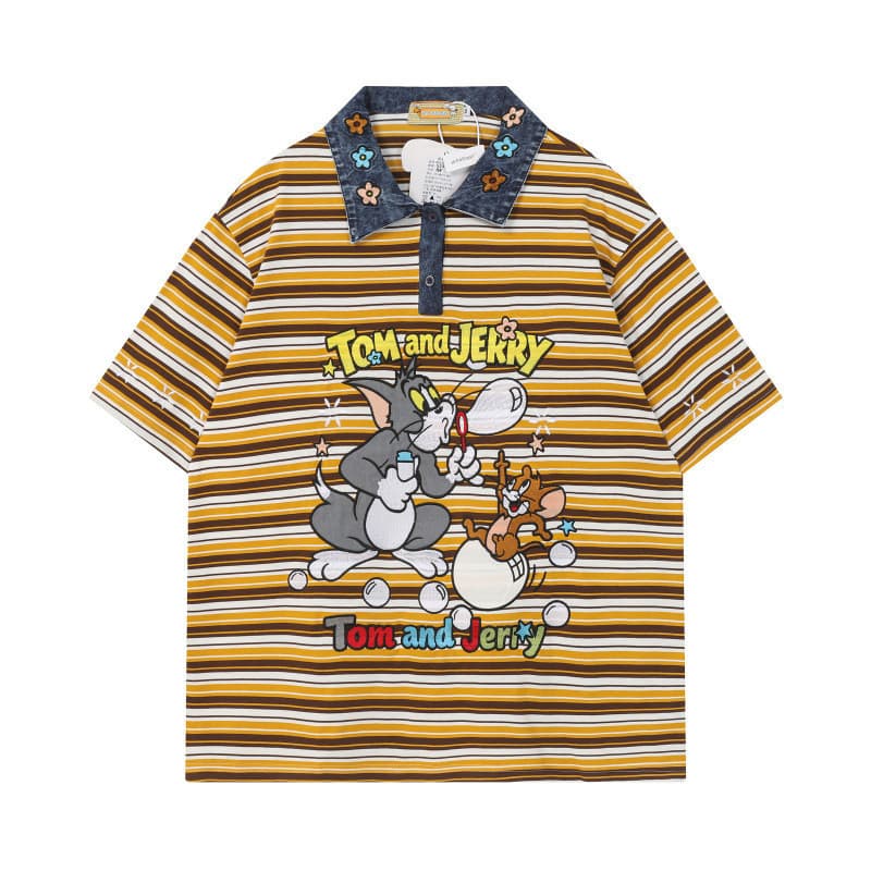 American Retro Cat and Mouse Bordado Listrado Camiseta de Manga Curta Homens Mulheres Casais Denim Co