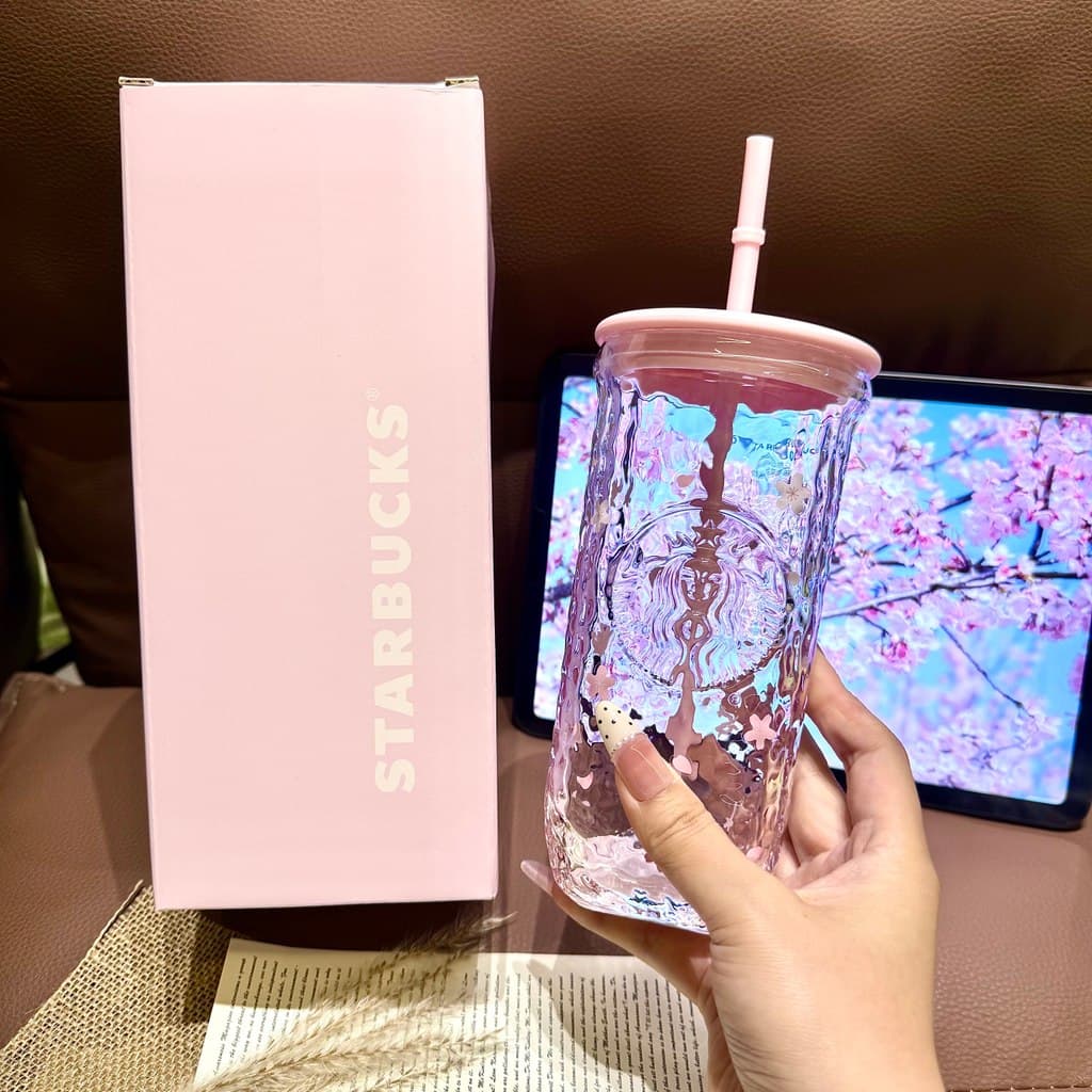 Starbucks copo novo estilo primavera cereja bonito animal de estimação triângulo copo de palha de vidro grande capacidad