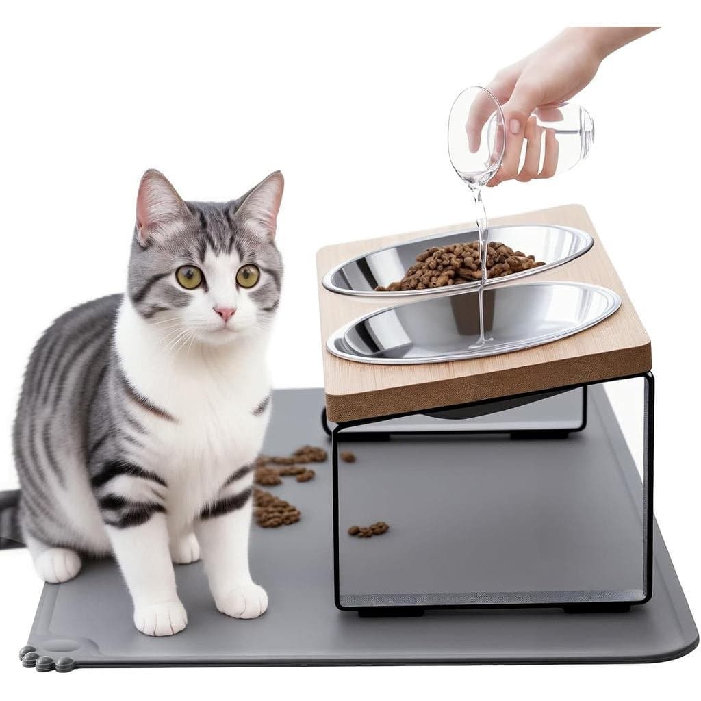 Comedouros Elevados para Gatos Aprimorados com Tapete para Comida, 15 ° Suporte Inclinado Antivômito para Comida e Água