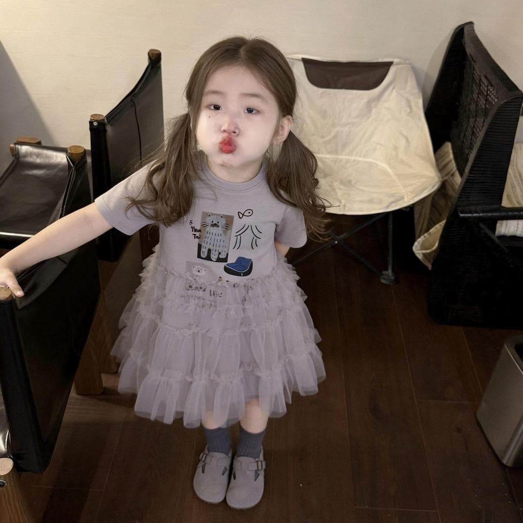 [Novidades] Roupas infantis meninas vestido 2026 verão novo estilo crianças moda desenho animado estampado camiseta vest