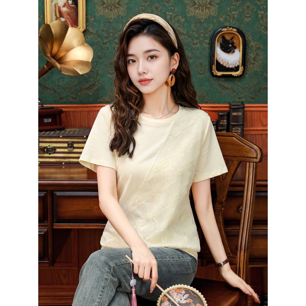 25 verão novo estilo romântico flor renda costura Irregular algodão camiseta feminina em torno do pescoço pulôver All-Ma