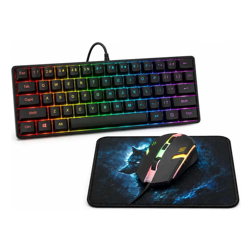 Kit Gamer Teclado 60% Rainbow Mouse Gamer Mousepad 24x24