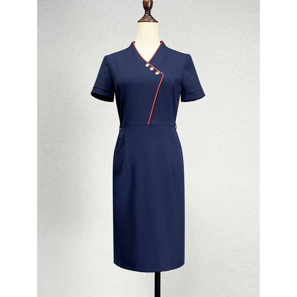 Azul marinho de comprimento médio com decote em V vestido feminino 2024 estiramento fino-ajuste temperamento Hip-embalad
