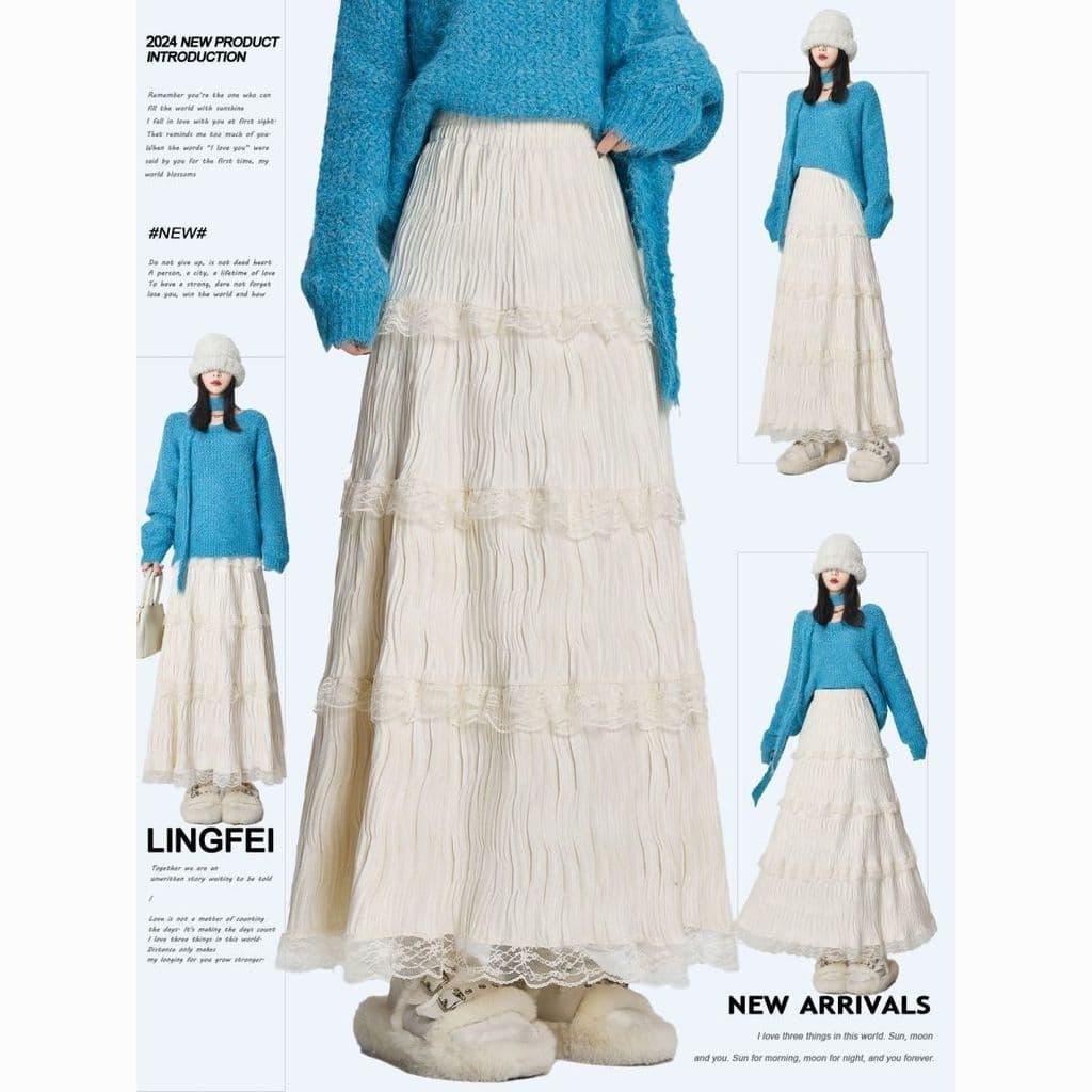 Saia de seda com costura de renda branca feminina outono inverno estilo suave saia de bolo de fadas elástica cintura alt