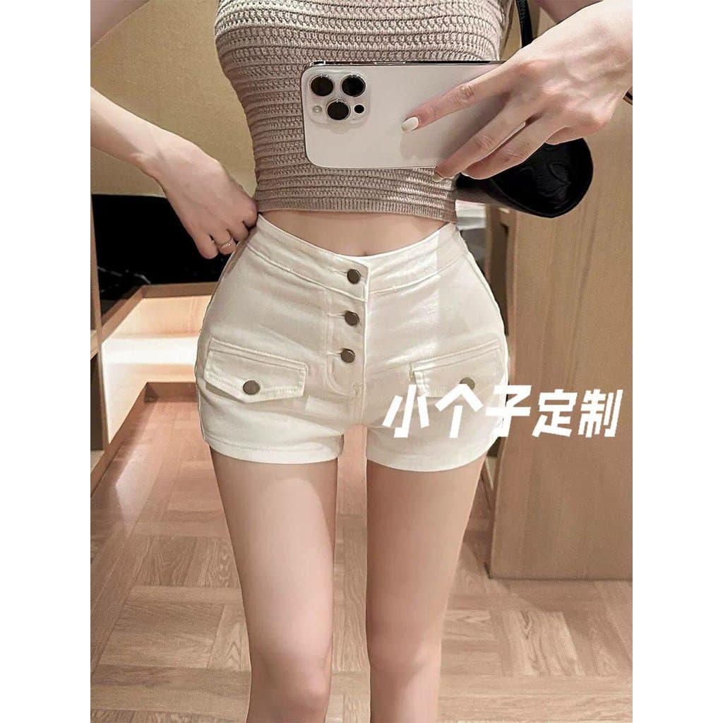 Branco único Breasted quente menina rica virilha Denim calças quentes feminino pequeno Retro cintura alta mais magro olh