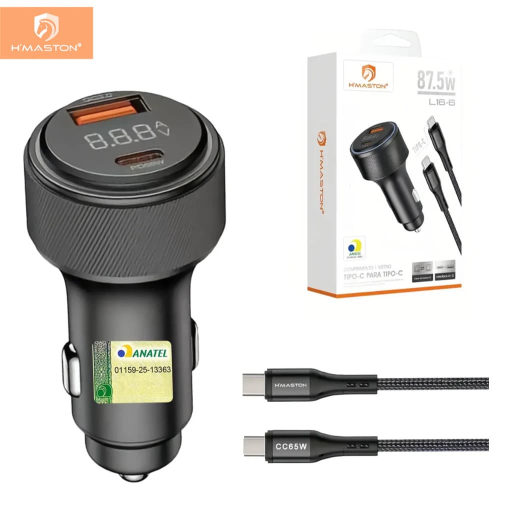Hmaston L16 Carregador Veicular 87.5w Usb Com Cabo Tipo-c E Display Led
