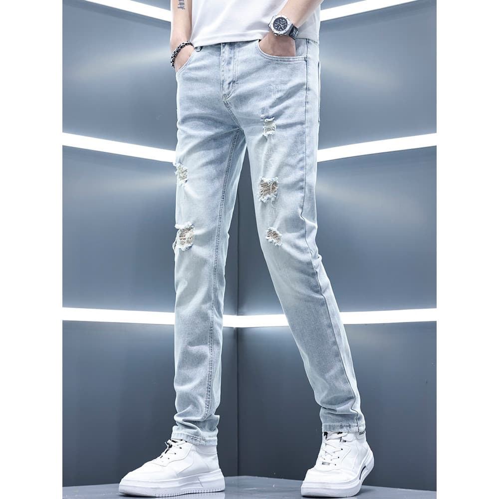 2026 novo estilo cor clara calças rasgadas dos homens Jeans verão estilo fino Street Wear rufião bonito mendigo calças m