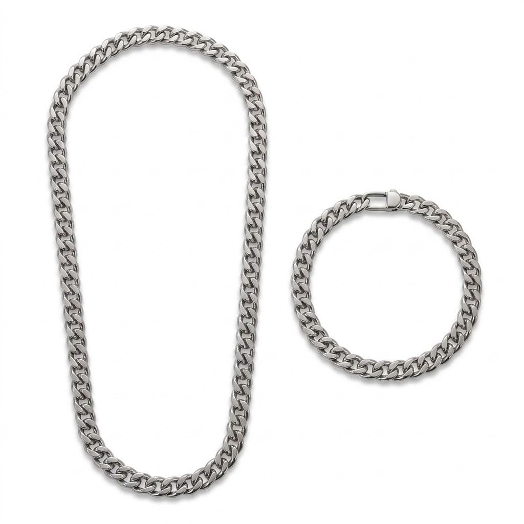 Cordão Corrente Pulseira Masculina Aço Inox Grossa Conjunto