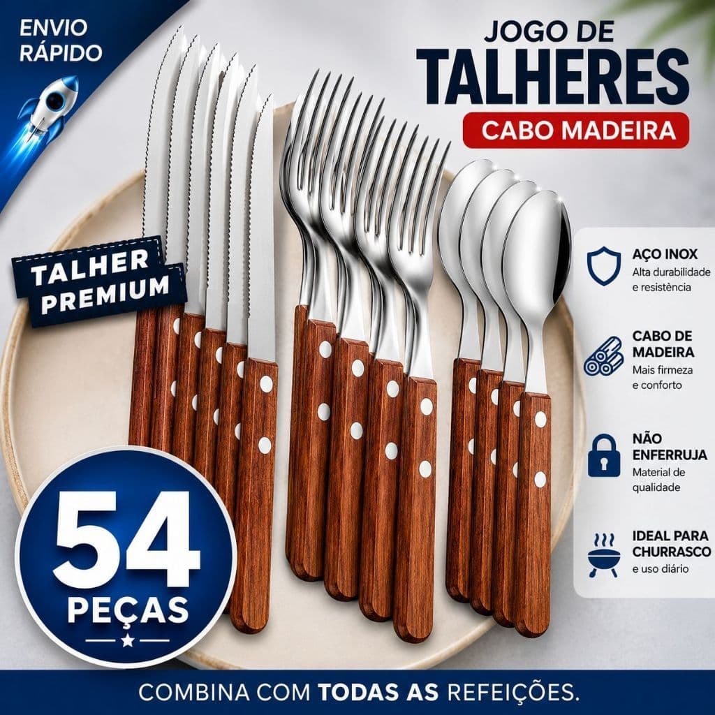 Jogo De Talheres 12/18/36/54 Peças Faqueiro Inox Com Cabo De Madeira
