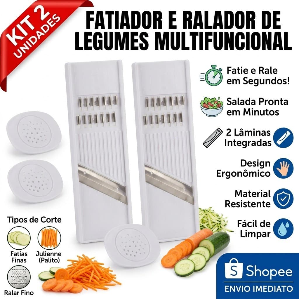 Kit 02 Fatiador Maxx Original Legumes Verduras Ralador Fatias Finas Aço Inox Prático