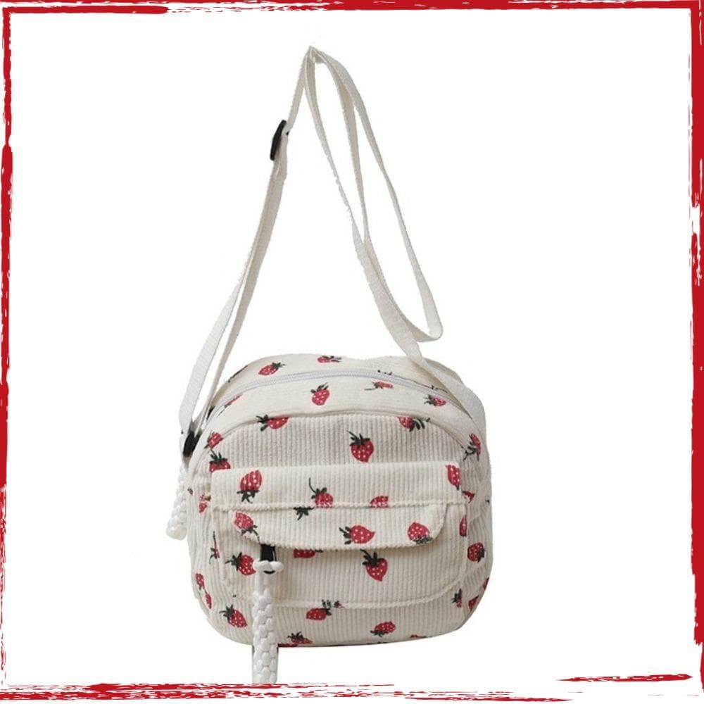 Shoulder Bolsa , Impressão Saco De Morango Doce , Moda Com Zíper Suave Corduroy De Grande Capacidade