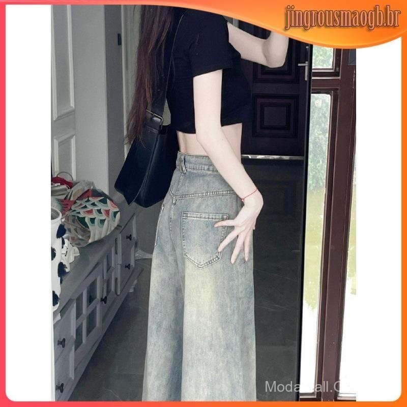 Calças jeans femininas estilo mom, calças jeans femininas de perna larga, calças de perna larga de cor clara para primav