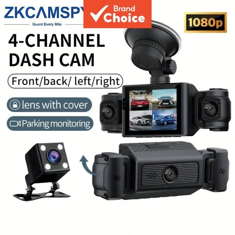 Câmera Veicular 4 Canais 360° Panorâmica DVR 1080P Full HD 170° Ângulo Amplo, Visão Noturna, Monitor 24H, Sensor G,