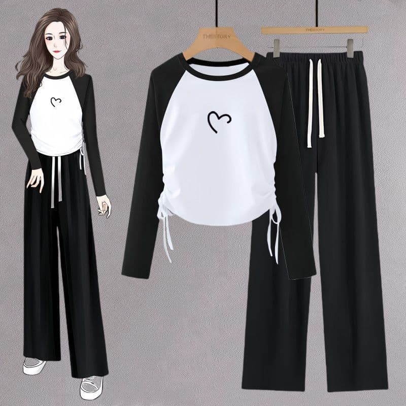 Terno com cordão feminino outono manga Raglan sentir elegante fino ajuste curto calças superiores de manga comprida um c