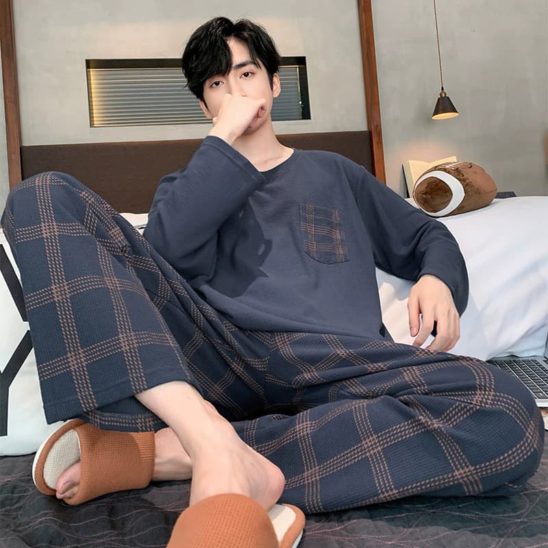Pijamas masculinos de manga comprida estilo fino masculino cor sólida simples terno de casa masculino pode ser desgastad