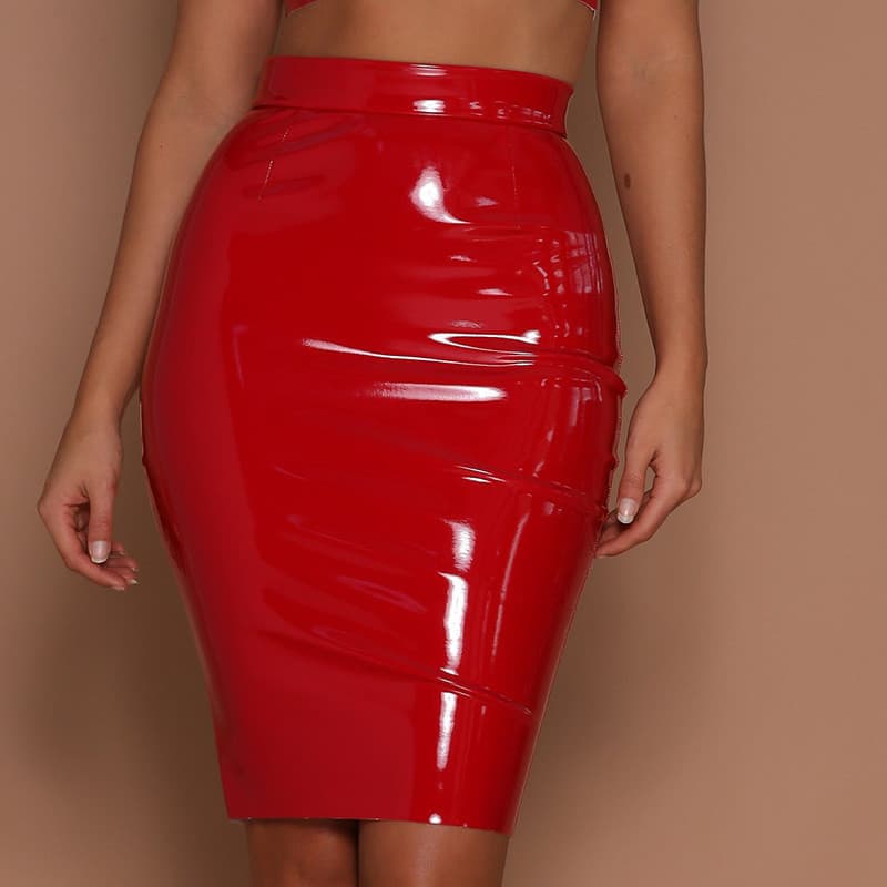 Slim-fit saia feminina apertada brilhante estiramento saia primavera espelho couro do plutônio meados de saia de cintura