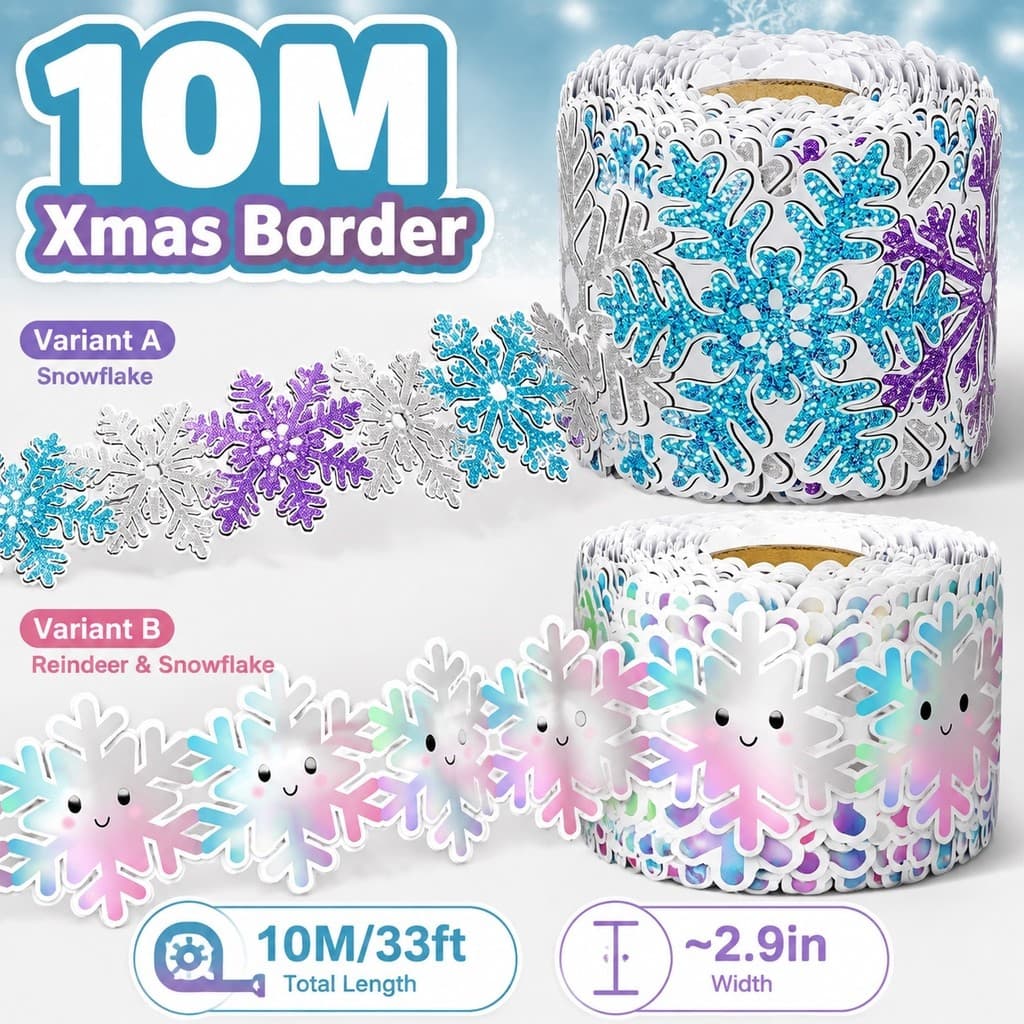 Rolo De Adesivo De Borda De Floco De Neve De Rena De Natal Multi-Superfície 10M Enfeite De Casa