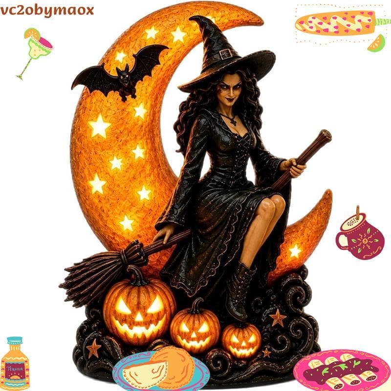 Abóbora Jack-O'- Lanterna Halloween Resina Vitral Bruxa E Lua Luz Noturna Fantasmas Morcegos Decoração Lâmpada vc2obymao