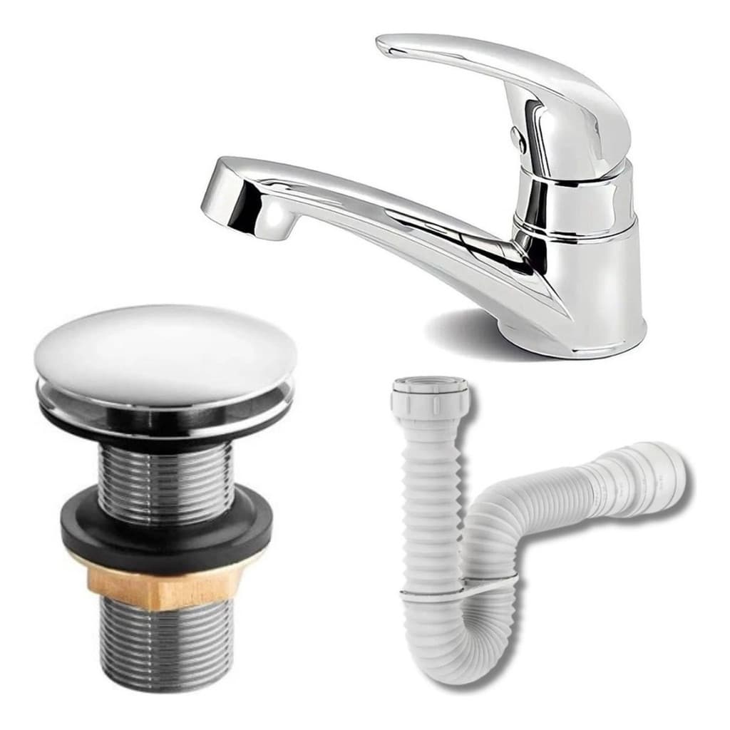 Torneira Mono Up + Válvula Click 7/8 Cromada + Sifão Flexível PVC Branco