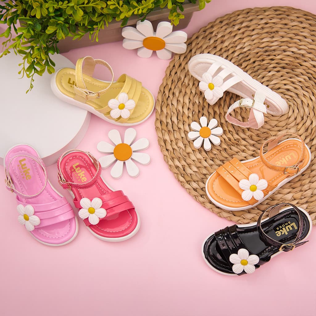 Sandália Infantil Menina Verniz Flor Margarida Laranja Confortável Leve Antiderrapante Casual Verão