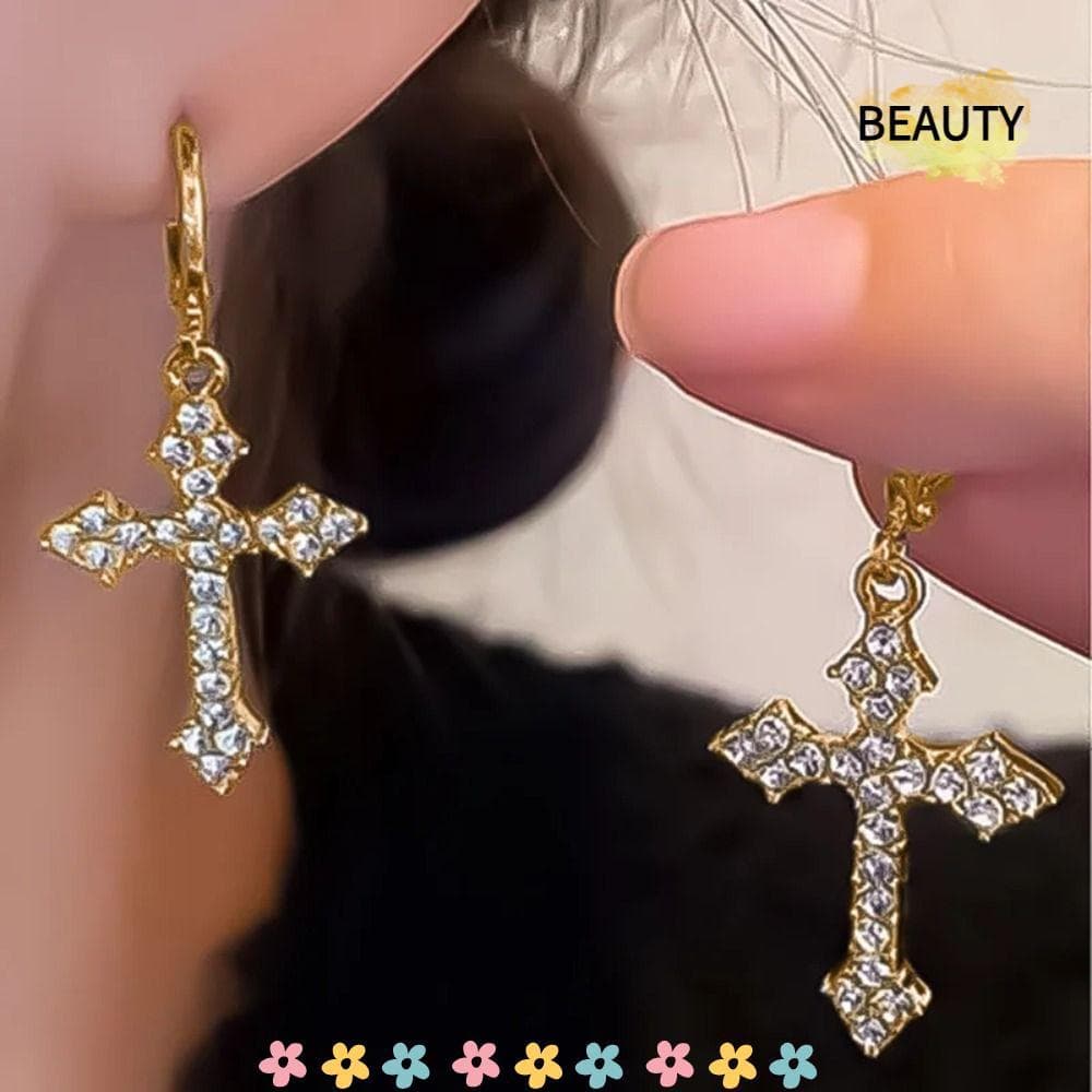 BEAUTYHOMEBR Brincos De Argola , Com Pingente De Cruz De Liga Cruzada Moda Strass Dourado/Prateado