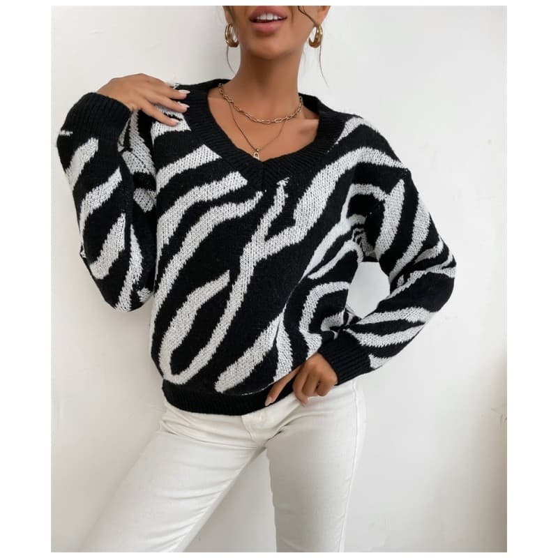 Outono Inverno Feminino Camisola Senhoras Topos E Zebra Padrão De Malha Feminina