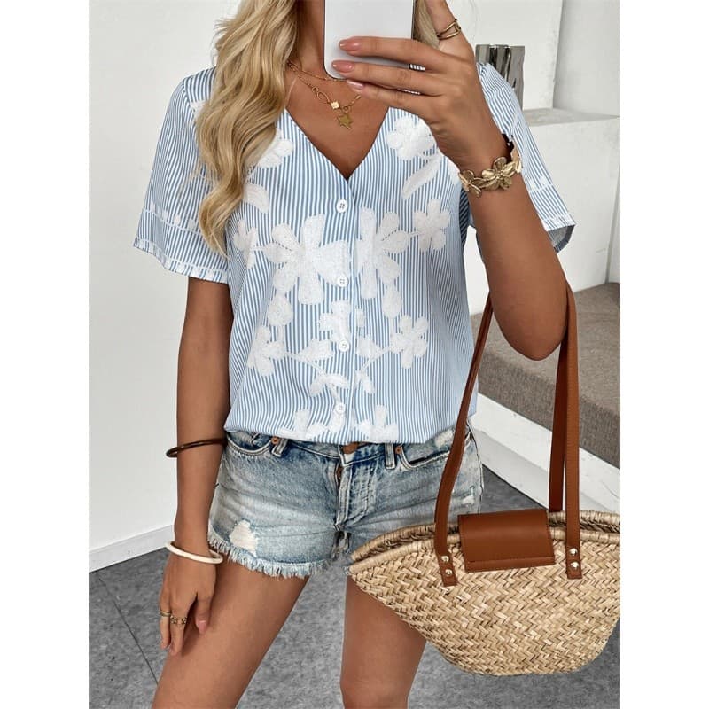 Primavera Verão Blusa Feminina Senhoras Topos Estilo Fresco Impresso Decote Em V Camisa De Manga Curta