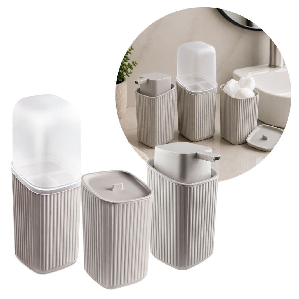 Kit Organizador para Banheiro Porta Sabonete, Porta Escovas e Porta Algodão Canelado Cinza Claro