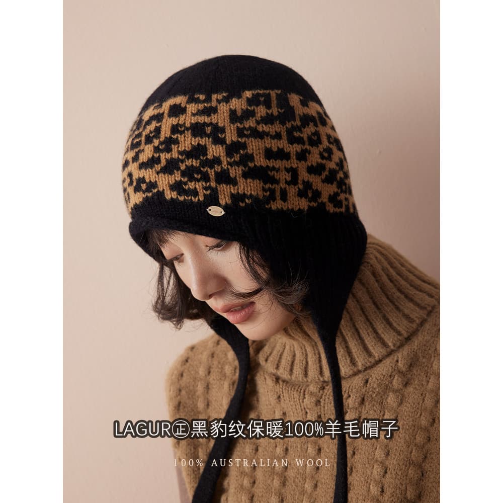 Lagur㊣Preto leopardo impressão quente 100% lã chapéu feminino inverno 2025 novo estilo proteção de orelha chapéu de lã c