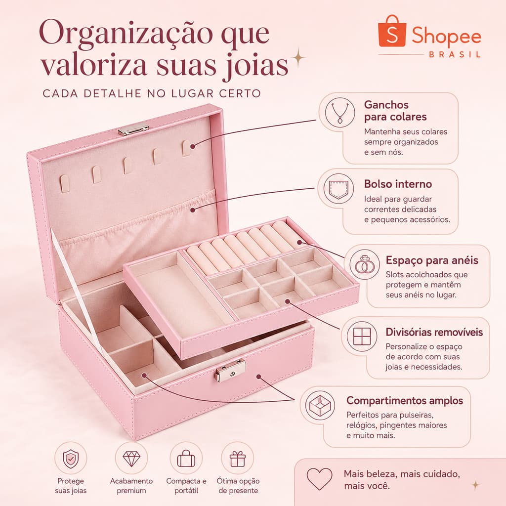 Porta Joias Duplo Rosa Organizador de Bijuterias Colares Aneis Brincos Grande Quarto Luxo Casa