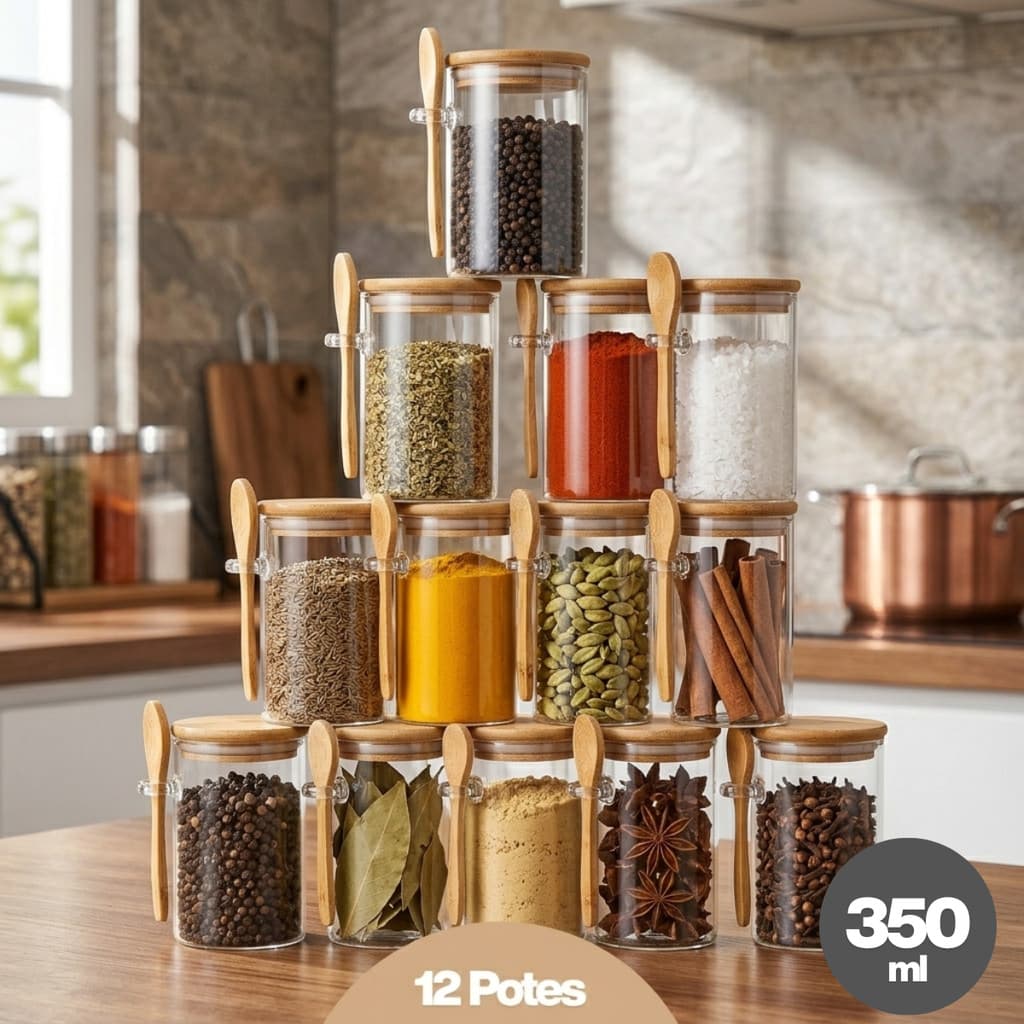 Kit com 12 potes de vidro de 350ml com tampa de bambu c/ Colher herméticos Condimentos e alimentos.