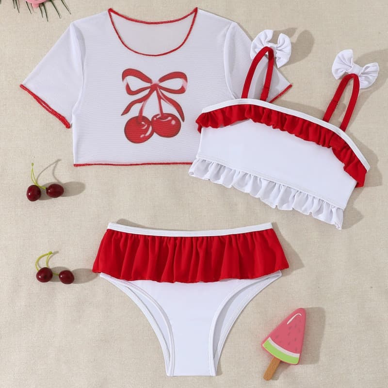 Imprimir Meninas Três Peças Maiô 4-7 Anos Crianças Roupa De Banho Gravata Borboleta Trajes Beachwear Outfit