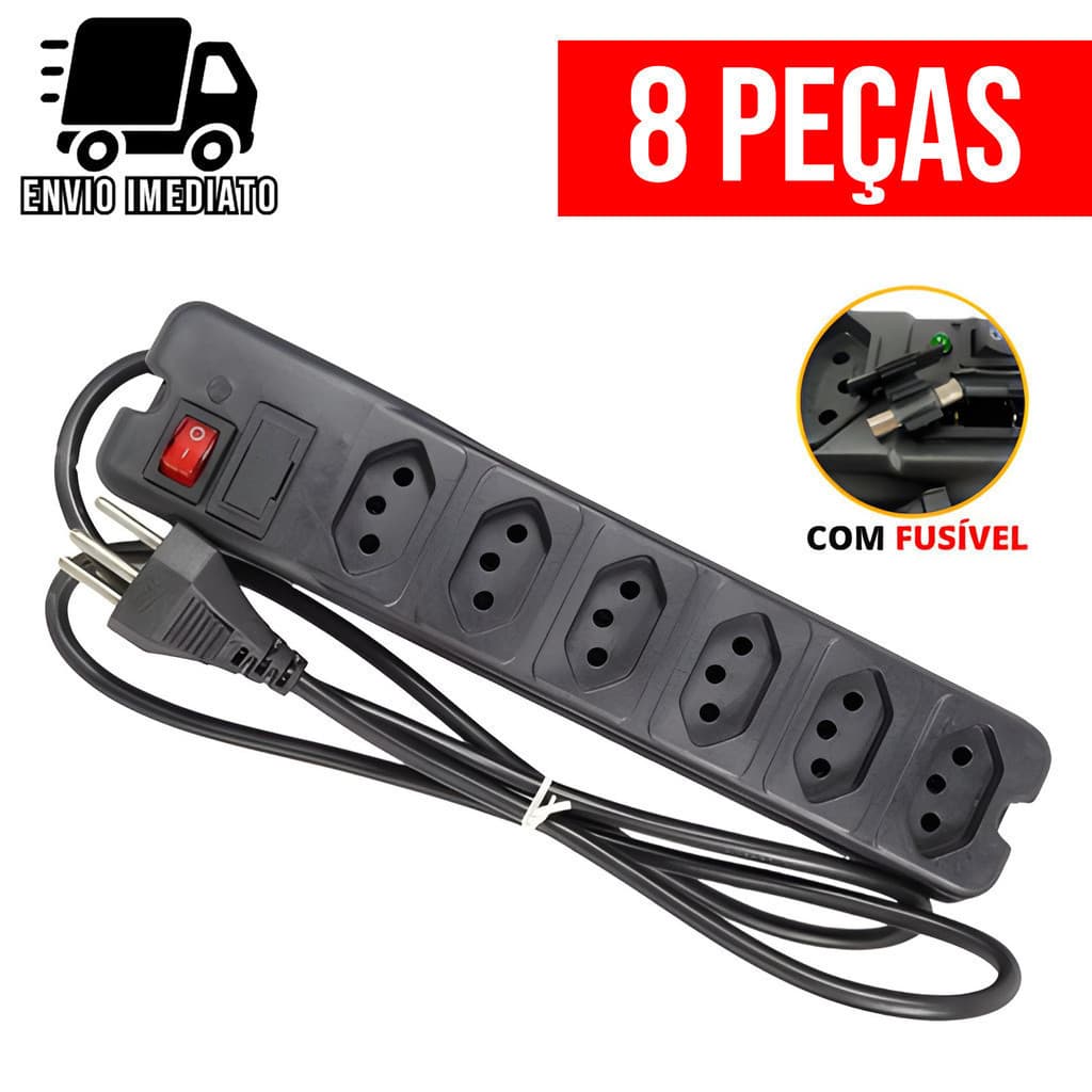 Kit 8 Filtro de Linha Régua de Tomada com Fusível Extensão Elétrica Bivolt  6 Tomadas Tripolar
