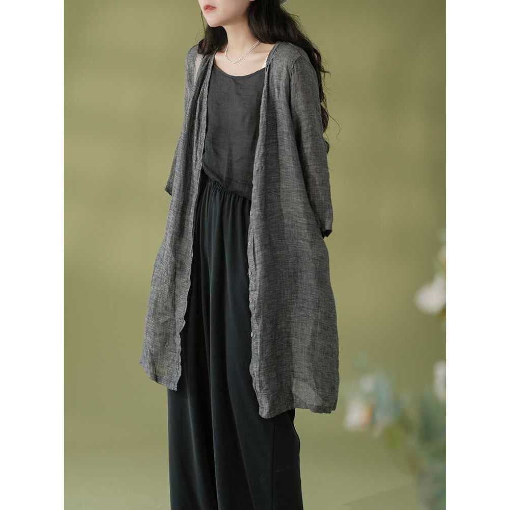 2024 verão novo estilo Ramie Cardigan feminino estilo fino protetor solar roupas soltas tamanho grande comprimento médio