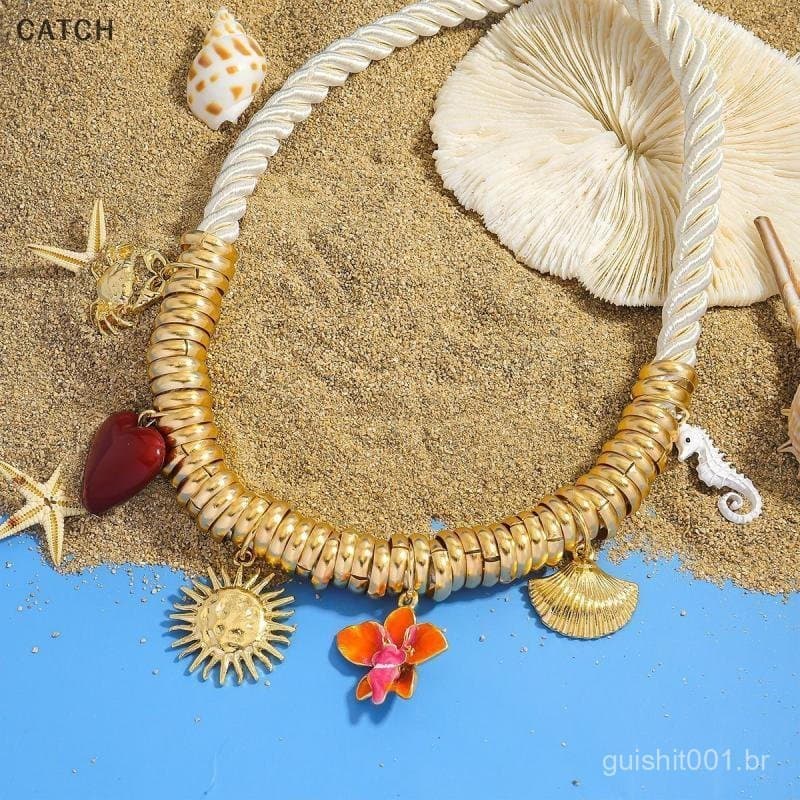 Capture Vintage Artesanal Charme Cordão Colar Para Mulheres Oceano Dourado Animal Pingente Corda Corrente Jóias Verão Mo