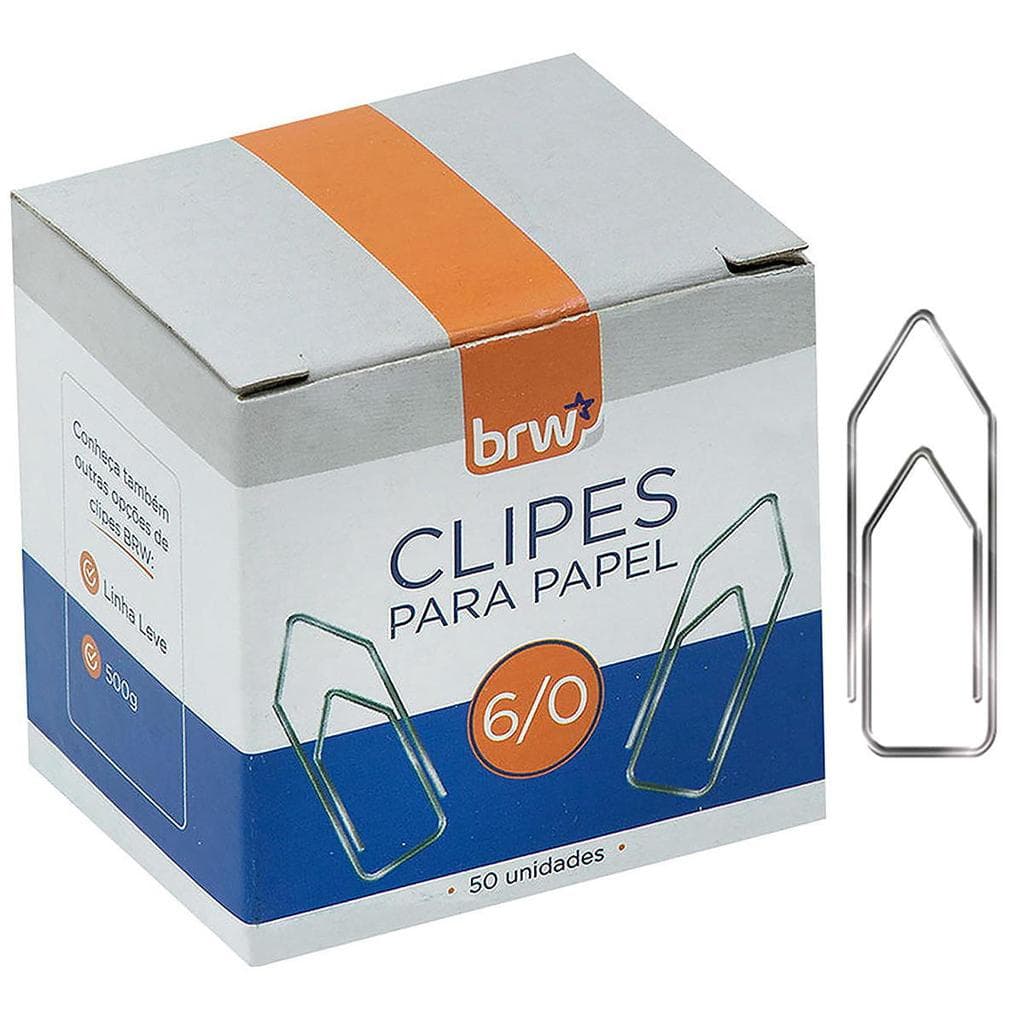 Clipes Para Papel 6/0 BRW Caixa com 50 Clips Número 6/0 em Aço Galvanizado Não Oxida Sem Rebarbas