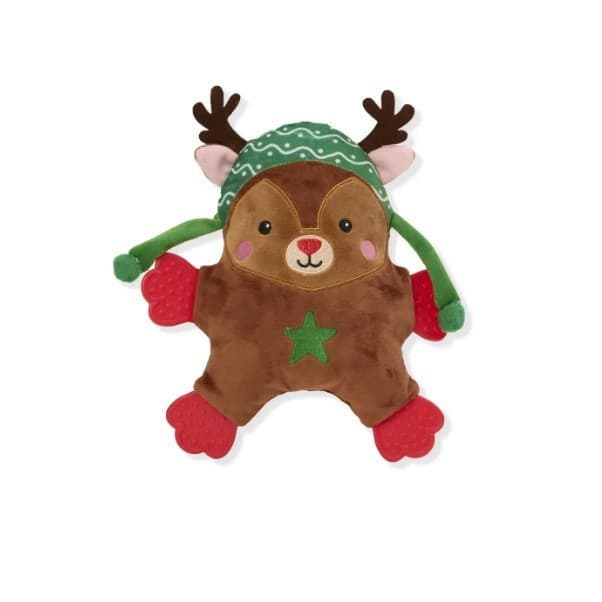Brinquedo Pelúcia com Mordedor Rena com Gorro Savana Pet Marrom Natal Divertido e Aconchegante para o Seu Pet
