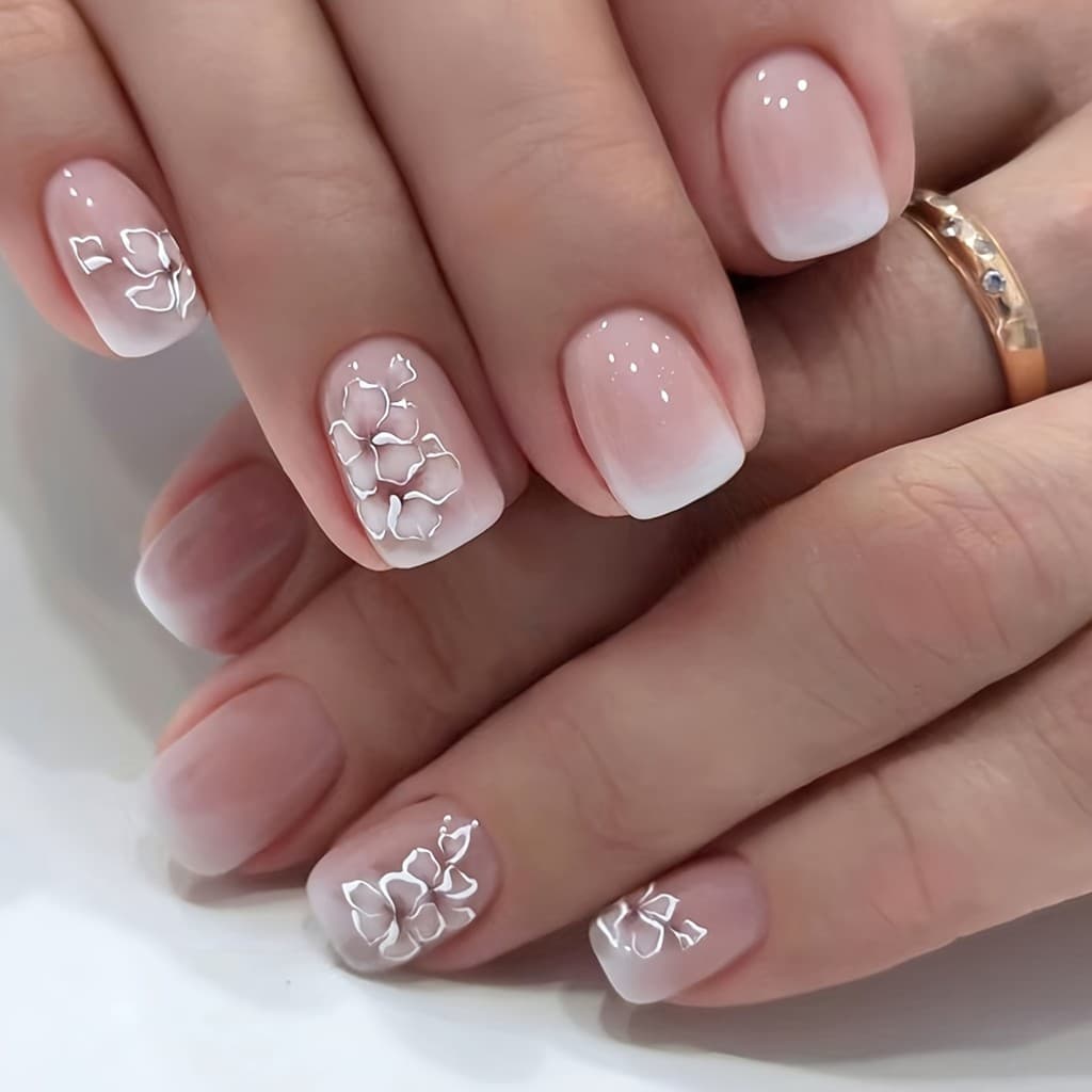 24 peças de unhas falsas curtas quadradas rosa gradiente flor tipo Push, há uma lixa de unha e uma cola gelatinosa