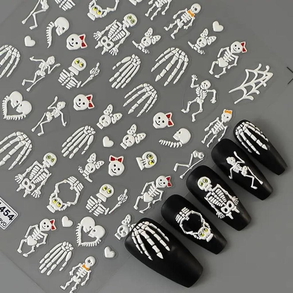 Adesivos de Unhas com Crânio em Relevo 5D, 2 Peças de Adesivos de Unhas de Esqueleto para Halloween, Decalques de Unhas