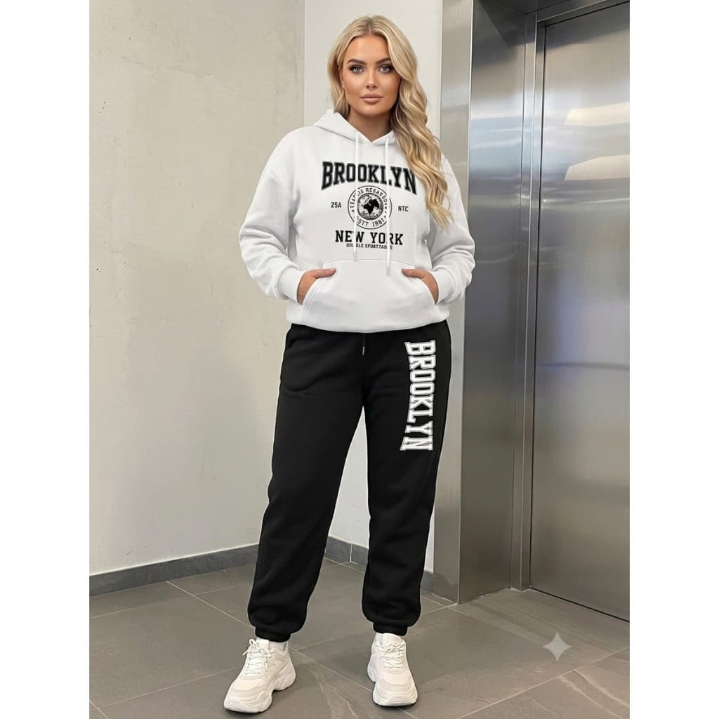 Kit Moletom Blusa E Calça Feminino Plus Size P ao G6  Brooklyn New York Aesthetic Streetwear Com Capuz