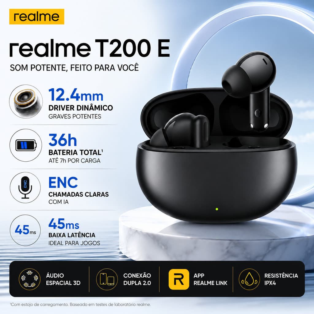 Fone Bluetooth realme T200 E TechLife Buds TWS Bluetooth 5.4 ENC IPX4 Até 36h de Bateria Novo