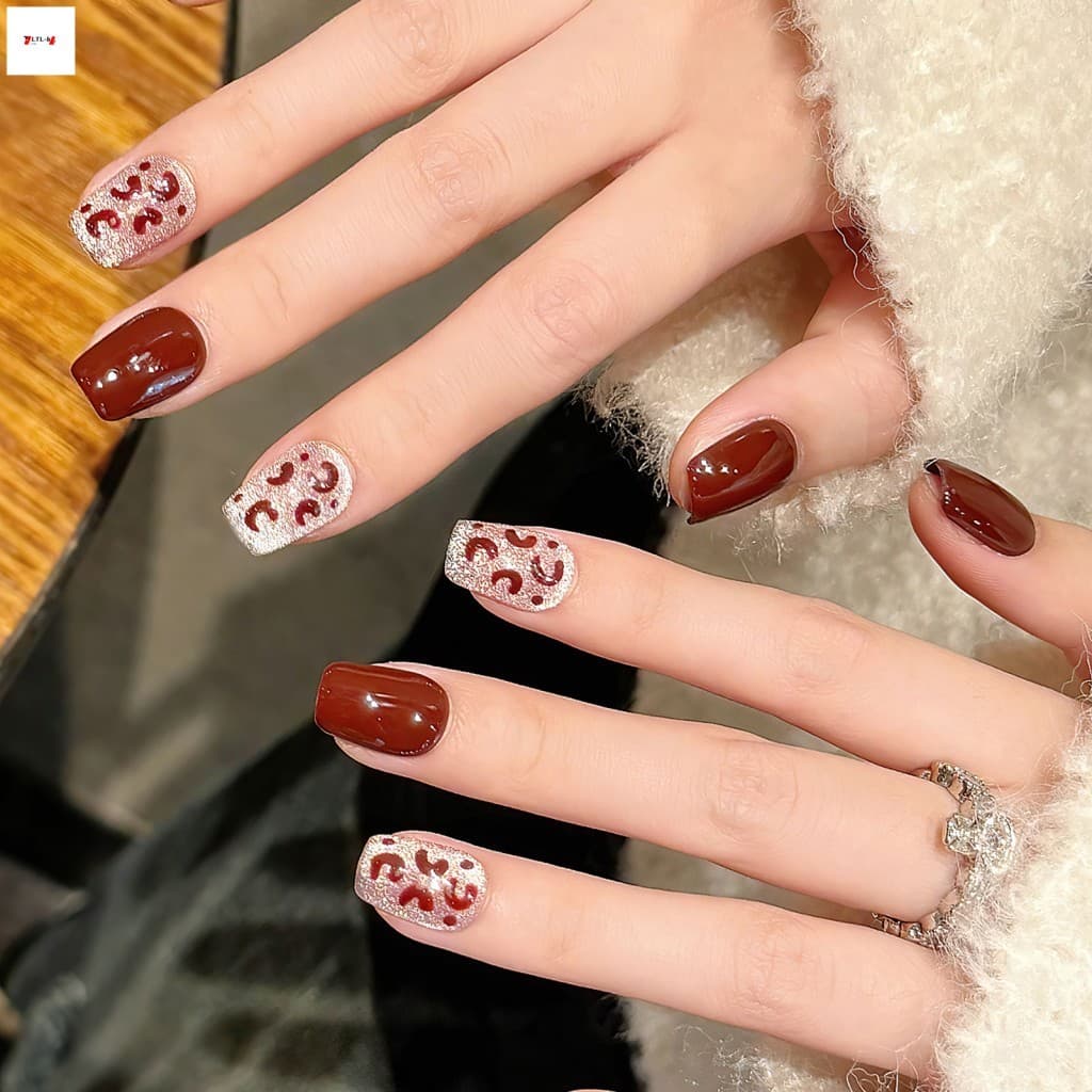 10 Pcs Caixão Curto Olho De Gato Vinho Tinto Estampa De Leopardo Unhas Postiças