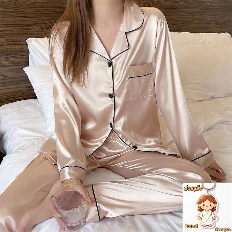 Pijama De Seda Fino De Manga Longa Fato Real