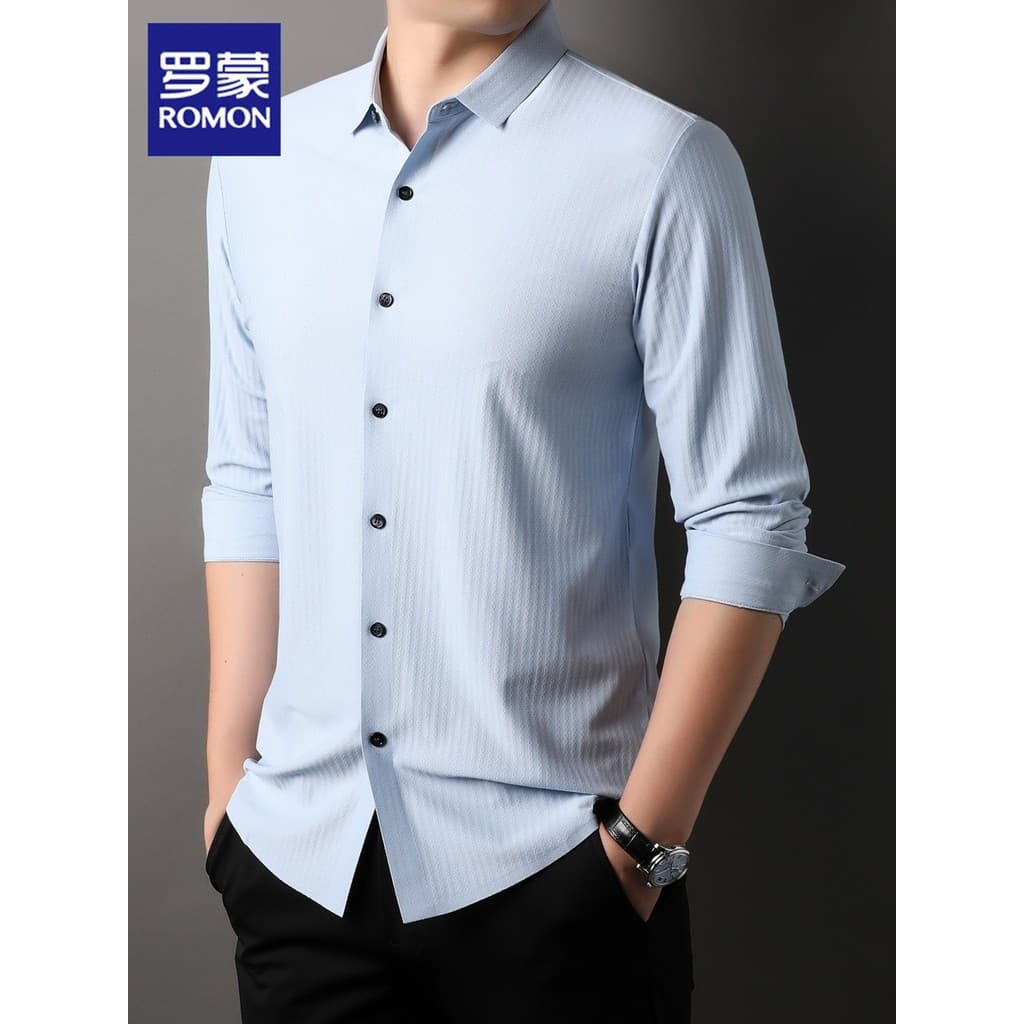 Lomon camisa de manga comprida masculina outono novo estilo na moda listrado não-ferro topo High-End negócios camisa Cas