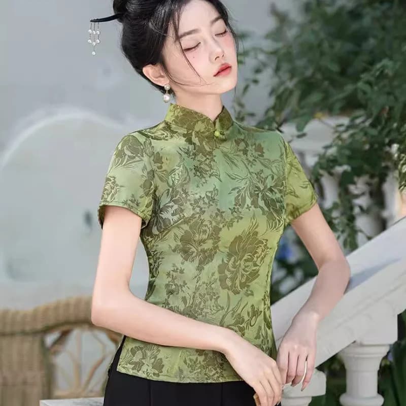 Tamanho Grande 4XL 5XL Tang Terno Topos Tradicional Estilo Chinês Blusa Feminina Primavera Verão Impressão Flor Manga Cu