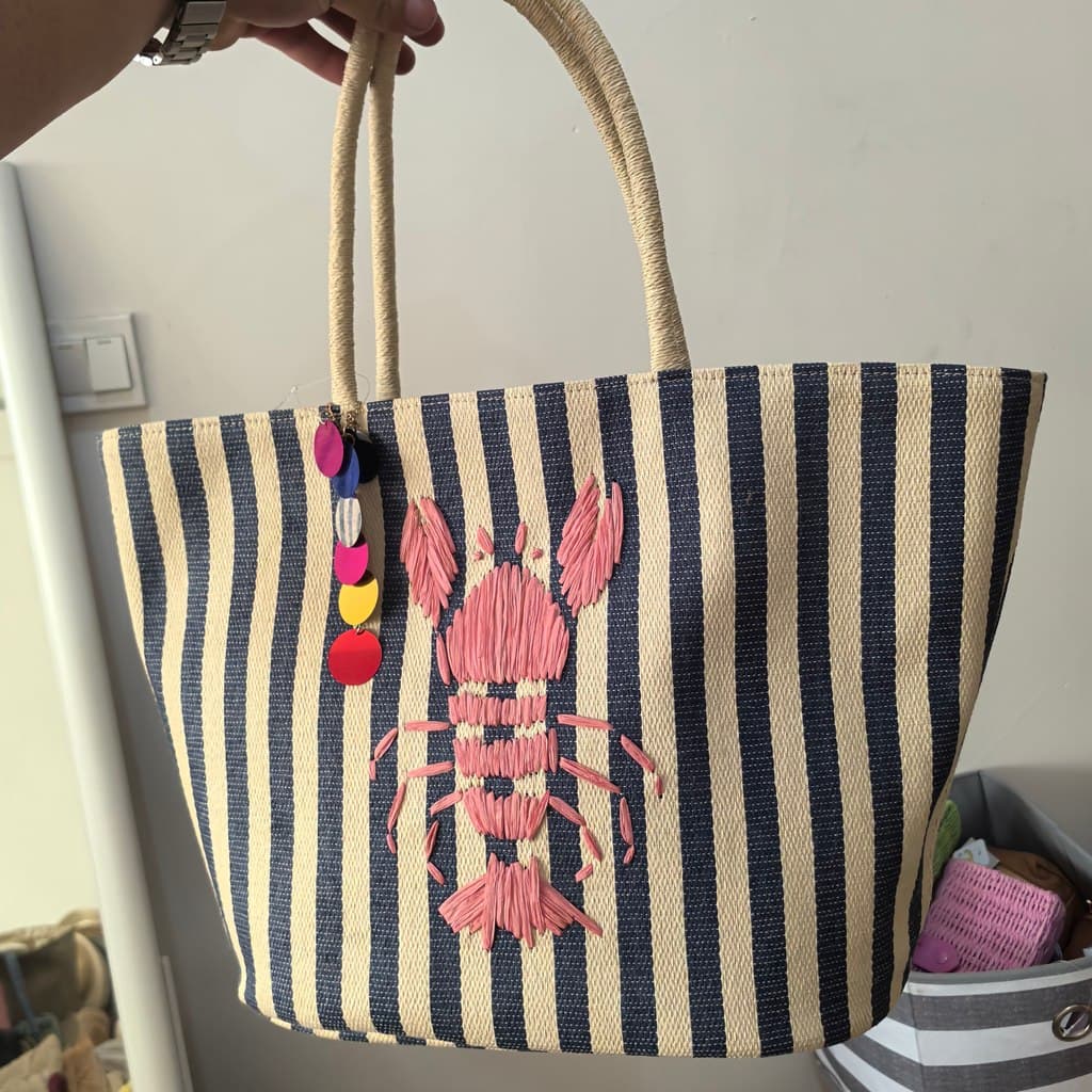 Camarão bordado azul branco listras estilo férias francesas palha tecido portátil bolsa de ombro feminino europeu bonito