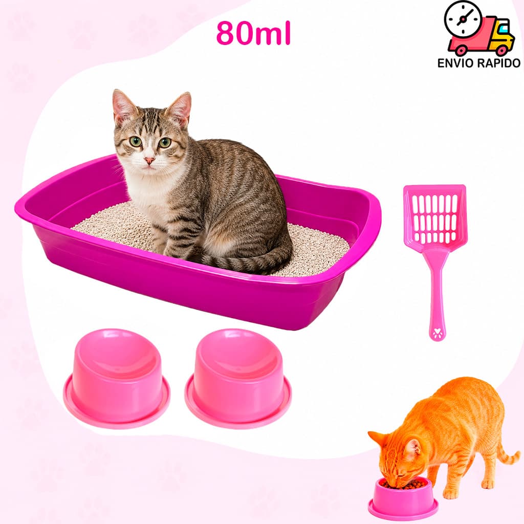 Bandeja Caixa de Areia Para Gatos Com Pá HIgiênica Coletora Comedouro E Bebedouro Elevado 80ml