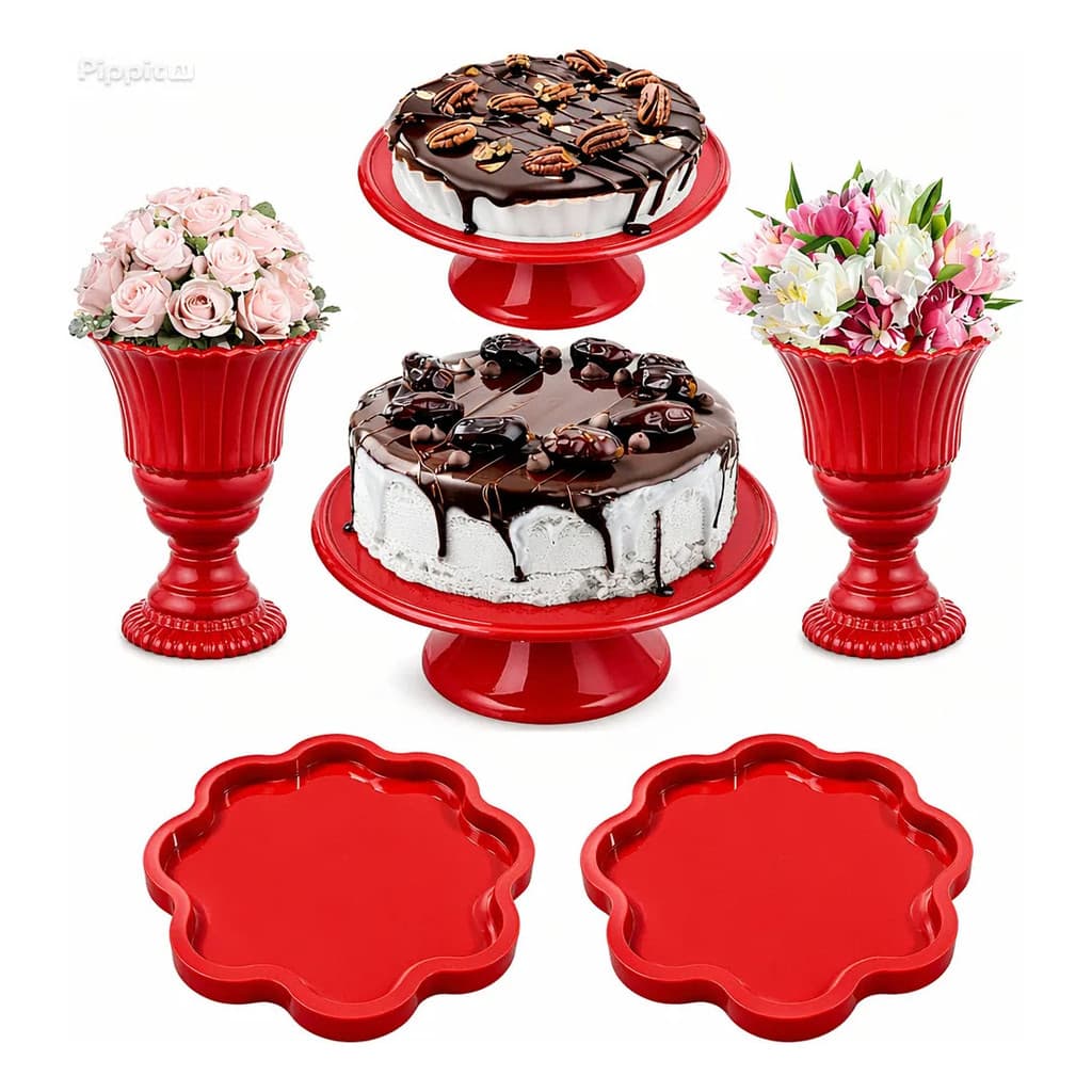 Kit Festa 6 Peças para Mesa de Aniversário com 2 Vasos 20cm, 2 Boleiras e 2 Bandejas Pétala Decoração Completa