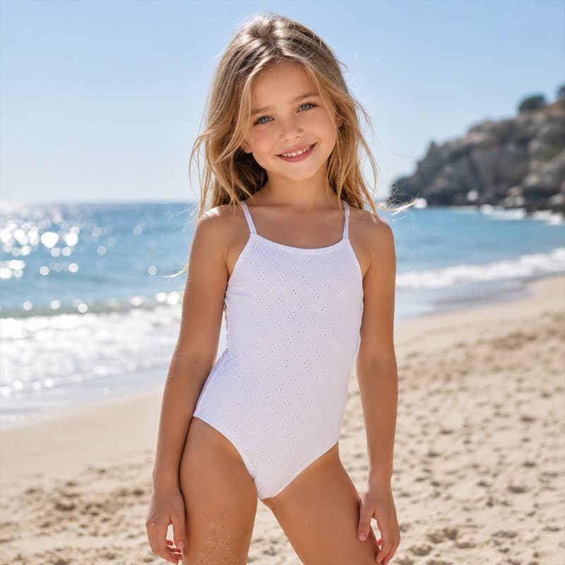 Pedido exterior branco meninas maiô de uma peça texturizado alça de ombro fina estilingue cor sólida médio pequenas cria